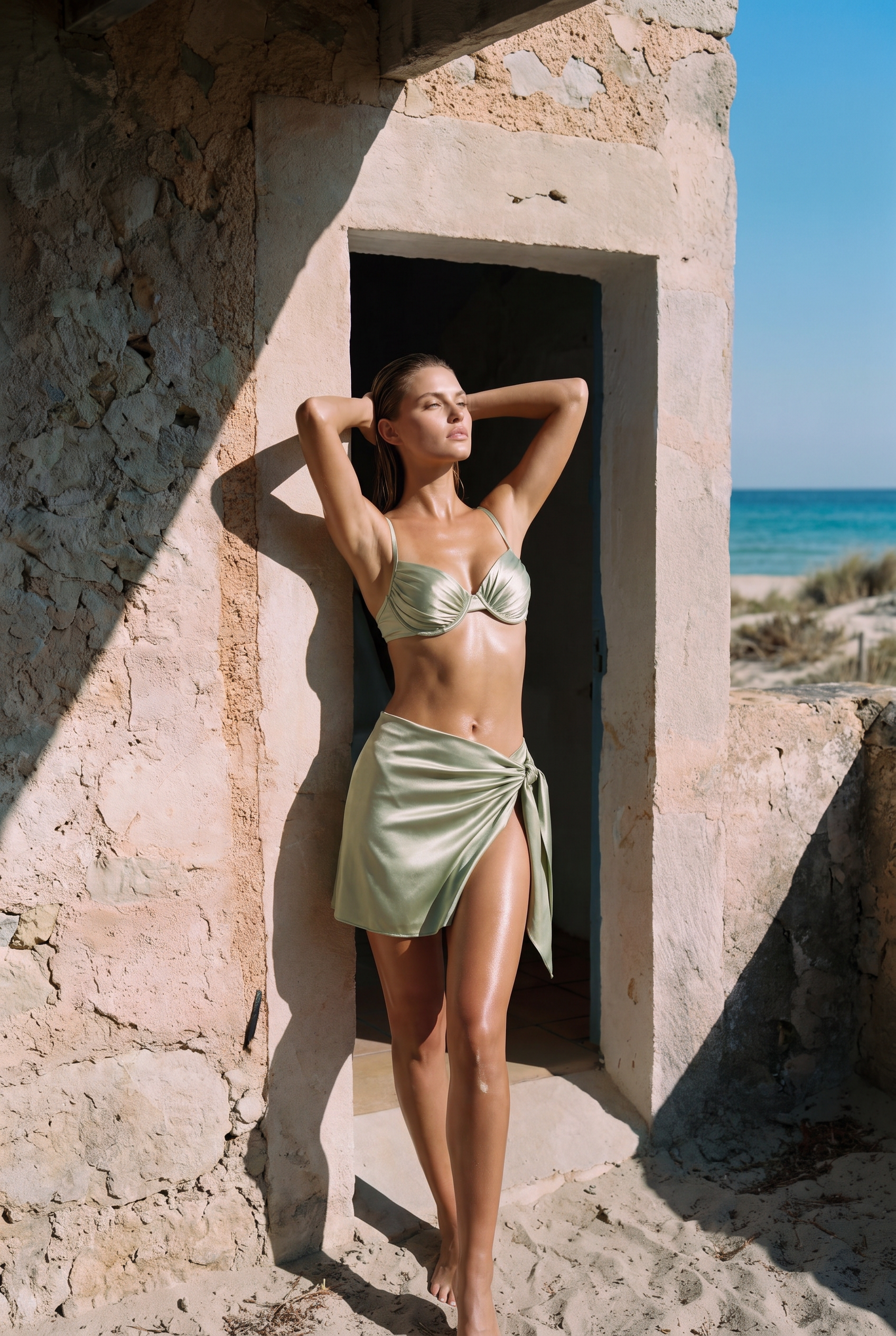 Woman wearing a sage green bandeau bikini and matching wrap skirt by a stone doorway overlooking the ocean.